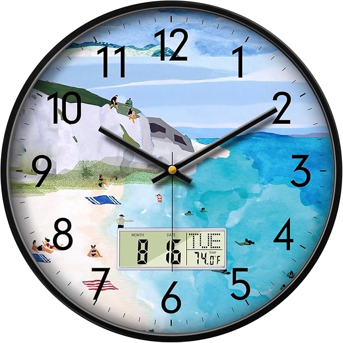 SCOAGE Silent Wall Clock with Temperature Day and Date Blue Mountain and Sea Beach Non-ticking Kitchen Clock Digital Large Display Battery Operated Clocks Decor for Bathroom Living Room Office 14 Inch
