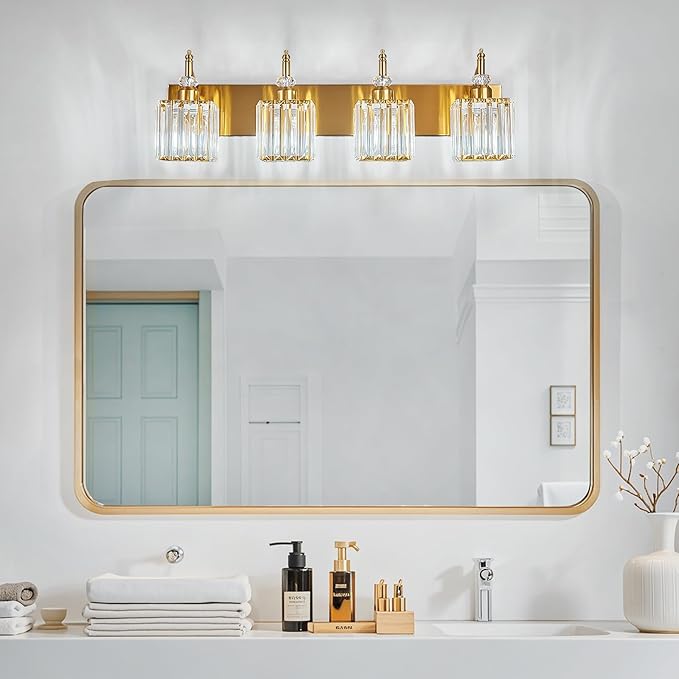 BBLLWJ Modern Bathroom Vanity Light 4-Light Gold Crystal Light Fixtures Over Mirror for Bathroom Wall Sconce