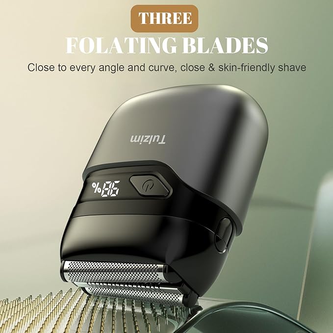 Tulzim Electric Foil Shaver for Men: Portable Electric Razor for Beard/Face - 3 Floating Blade LED Display USB-C Fast Rechargeable - IPX7 Waterproof for Travel & Home, Charcoal Black