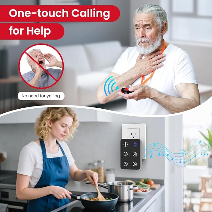 CallToU Wireless Call Button Caregiver Pager Nurse Call System for Elderly/Patients at Home/Hospital with Voice Announcements and LED Number Display (6 Waterproof Call Button & 2 Receiver)