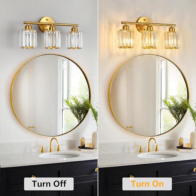 FDPBY Modern 3 Light Crystal Vanity Light, Brushed Gold Vertical Bathroom Light Fixture Over Mirror for Dressing Table Sink, Compatible with Dimmable Bulbs (Bulbs Not Included)