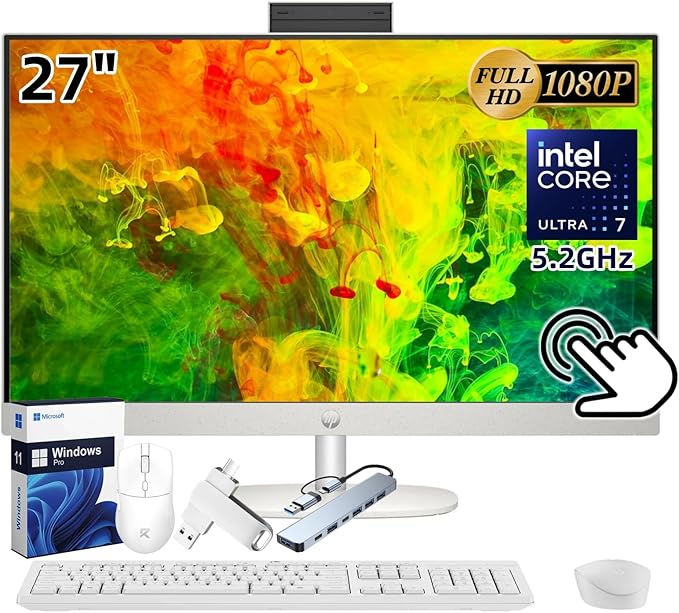 HP 27" All-in-One Touchscreen Desktop PC 2025 New, Intel Ultra 7 255U (Up to 5.2GHz), Intel AI Boost, 27 inch FHD Touchscreen Anti-Glare Display, 64 GB DDR5 5600MT/s, 4 TB Gen4 SSD, Windows 11 Pro