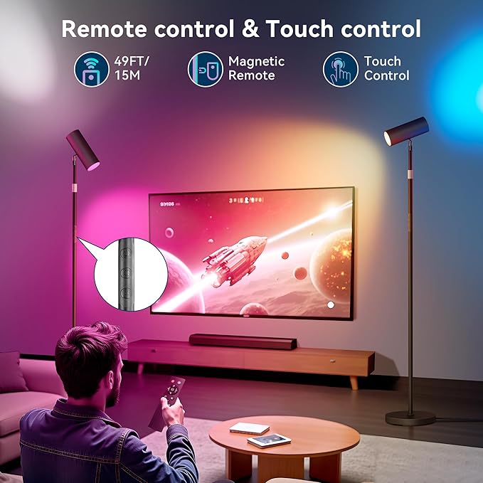 SIBRILLE Spotlight Floor Lamp, Tall LED Standing Lamp with Remote/Touch Control, 2700K-6500K, 350°Rotating Head Standing Lamp, Reading Floor Lamp for Living Room, Bedroom, Office & Wall Art, Black RGB