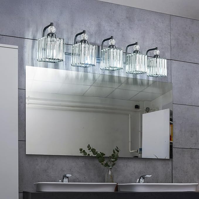 BBLLWJ 5 Light Bathroom Vanity Light Modern Black Vanity Light Fixtures Bathroom Light Fixtures Over Mirror Crystal Vanity Lighting Fixtures