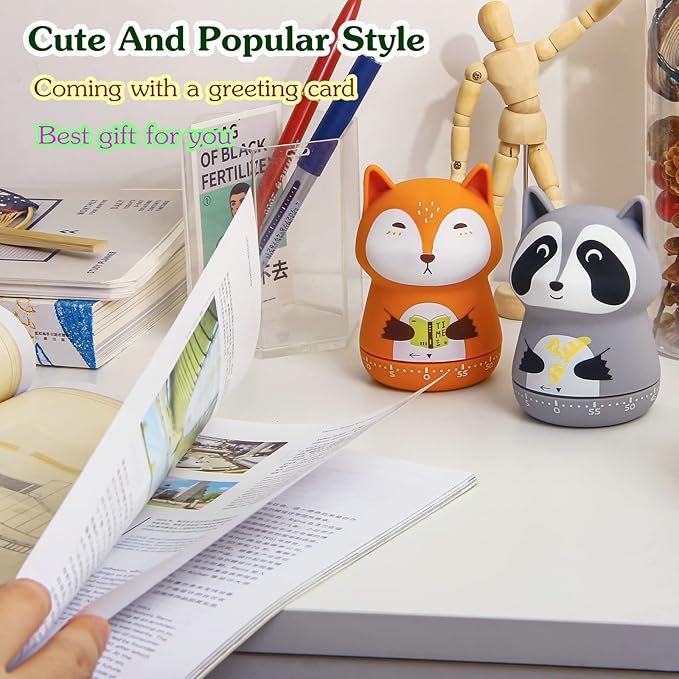 NUOSWEK Mechanical Kitchen Timer - Cute Animal Wind Up 60 Minutes Manual Countdown Timer for Kids, Classroom, Home, Study and Cooking - Grey Raccoon