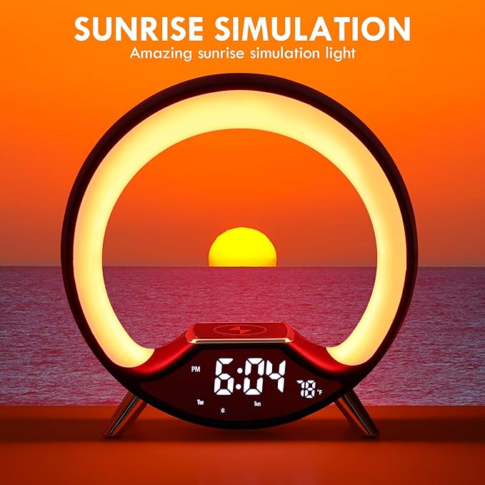 GuDoQi Sunrise Alarm Clock with Fast Wireless Charger Station and Bluetooth, Full Screen with Sunrise Simulation Light, Sleep Aid, Dual Alarms, FM Radio, 10 Colors Nightlight for Bedroom, Black