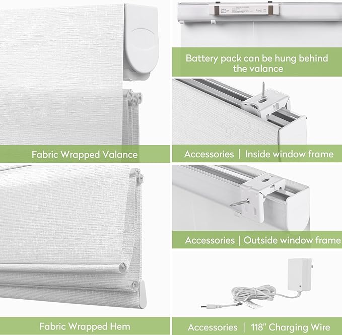 ZSTARR Smart Roman Shades Rechargeable Motorized Blinds with Remote Light Filtering Roman Window Shades Plain Fold Soft for Doors Bedroom, Custom Size (Light White)