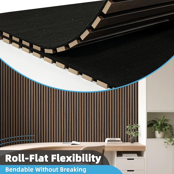 Art3d 2-Pack Acoustic Wood Slat Wall Panel with Roll-Flat Design - 95.3 x 23.8 Inch Sound Absorbing Panels for Living Room Columns Corridor Curved Wall Decor, Walnut