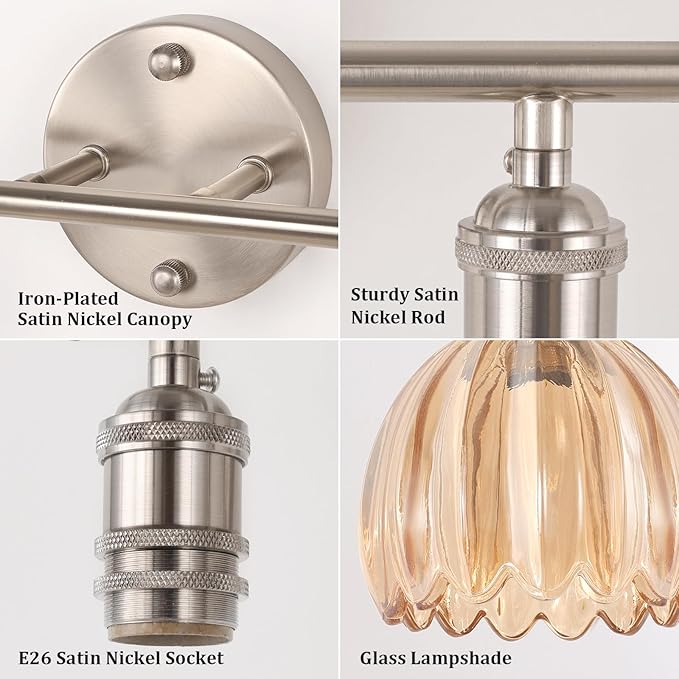 Shenmoyl Bathroom Light Fixtures, 2-Light Vanity Wall Light Over Mirror with Amber Tulip Glass Shade for Bedroom Living Room (Bulb Not Included), Satin Nickel