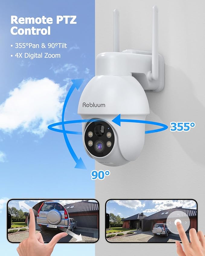 Rebluum Security Camera Wireless Outdoor, 2K Solar Security Camera,Battery Powered 360°PTZ Outdoor Camera,Color Night Vision,2-Way Audio,PIR Motion Detection,Compatible with Alexa