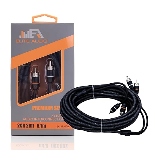 Elite Audio Premium Series 20ft. 2-Channel Car Audio RCA Cable – Double Shielded, Oxygen Free Copper, Noise Reducing Audio Cable for Amplifiers, Subwoofers, Speakers, and Processors – PRM20