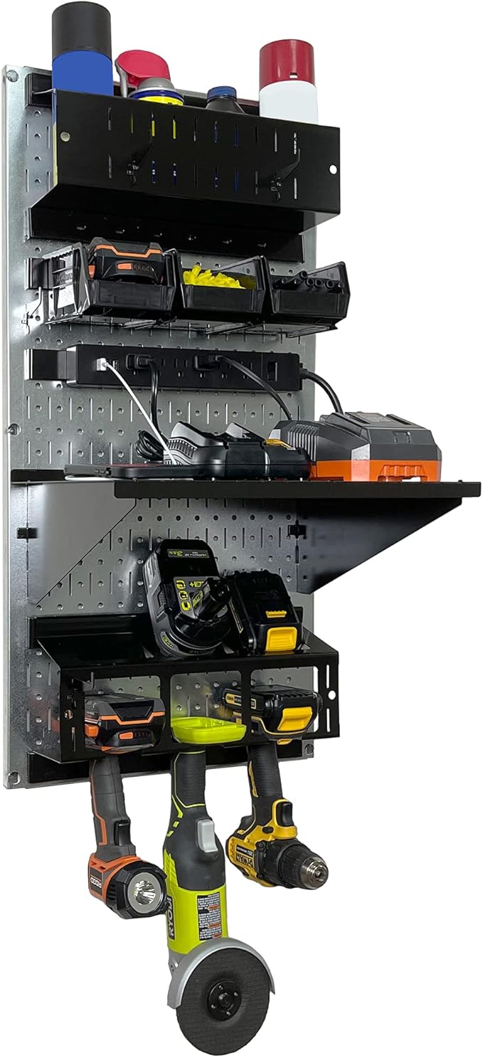 Wall Control Power Tool Storage Organizer Kit Cordless Drill Holder Charging Station Rack 16” x 32” Metal Pegboard Organization System (Metallic Pegboard)