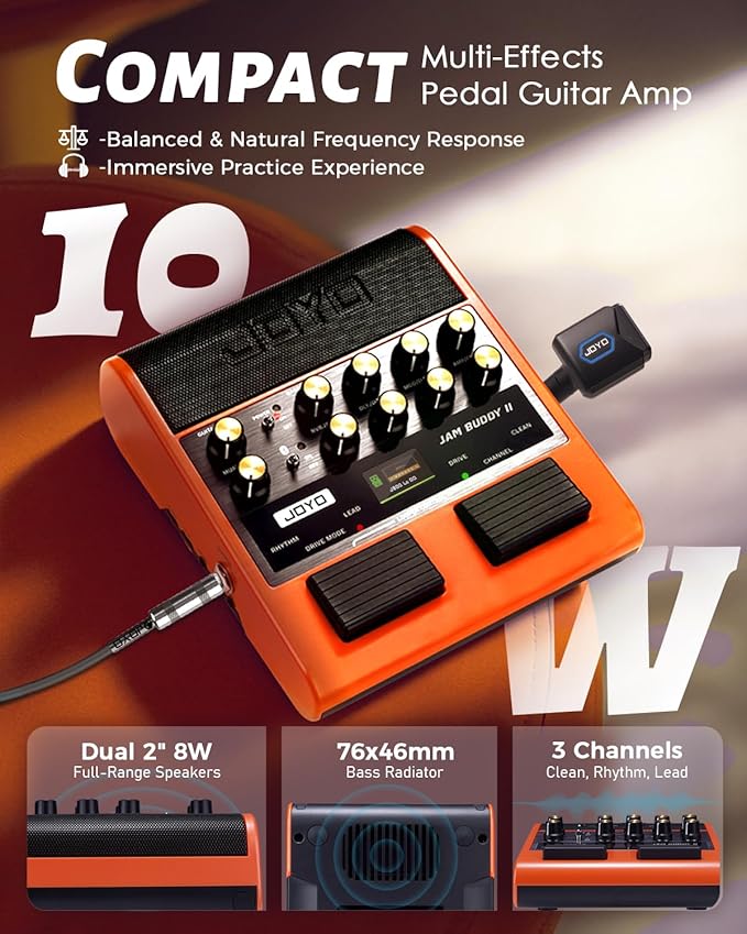 JOYO 10W Portable Guitar Practice Amp & Multi-Effects Pedal Combo Amplifier with Footswitch,OTG Recording, Bluetooth,14 Amp Models,3-Band EQ,36 Drum Patterns & Looper (JAM Buddy II, Orange)