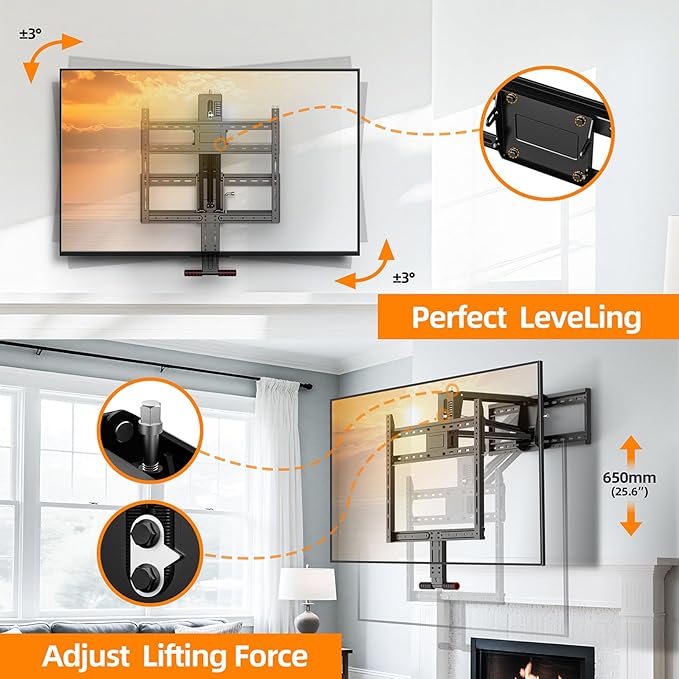 Pull Down TV Mount for Fireplace, Height Adjustable for Most 43-80 Inch TVs, Max VESA 600x400mm up to 80lbs, Full Motion Articulating Above Mantle Installation