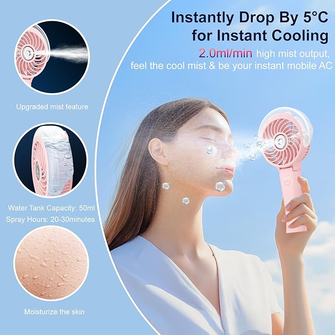 HandFan 4000mAh Handheld Misting Fan, 50ml Water Tank, Rechargeable Personal Mister Fan Portable AC, Spray Water Mist Fans, Foldable Cooling Ice Fans for Beach Travel Outdoors(Pink)