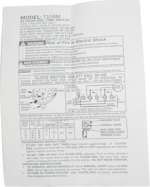 T104M Mechanical Time Switch,208-277 VAC 5HP 40A DPST Timer Switch,Versatile Scheduling,1-12 Cycles Per Day - Manual Override,Mechanism Only