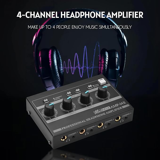 Riworal Headphone Amplifier 4 Channel Audio Amplifier Portable Splitter with 1/4"& 1/8" TRS Output Input for Dj Mixer Or Monitor Headphone for Stereo/Mono