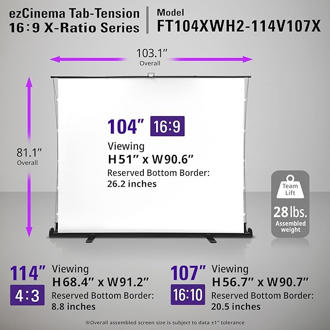 Elite Screens ezCinema Tab-Tension 16:9 X-Ratio Portable Projector Screen, Multi-Aspect Ratio, Manual Floor Rising Pull-Up Scissor-Lift Design + Carry Bag, Home Office Classroom- FT104XWH2-114V107X