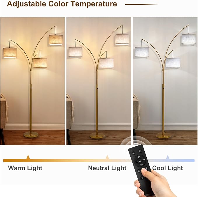 Fansdrick Gold Floor Lamps for Living Room, Super Bright Arc Floor Lamp with Remote Control, 3 Light Tall Floor Lamps with Stepless Dimmable, 80" Mid Century Tree Floor Lamp for Bedroom, Office