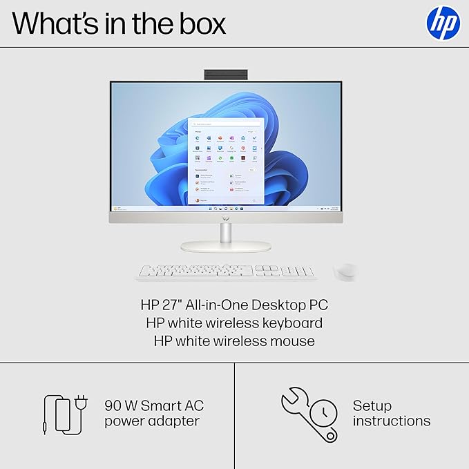 HP 27" FHD Touchscreen All-in-One Desktop Computer, 16GB DDR5 RAM 2TB SSD Storage, Quad-Cores Ryzen 5 7520U Processor, WiFi6, Wireless Keyboard & Mouse, Windows 11