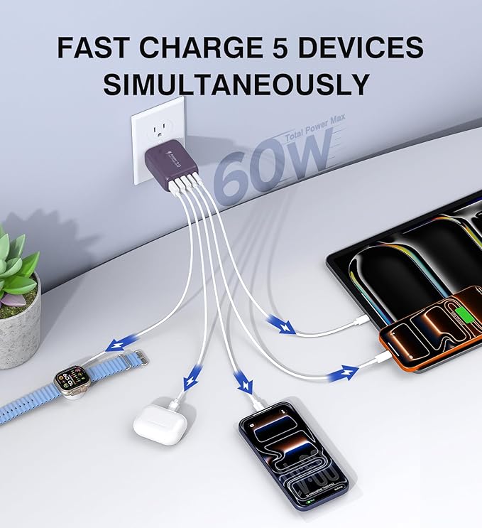 60W 2-Pack USB C Wall Charger Block, 5-Port C Charger Fast Charging Block PD Power Adapter +QC 3.0 Multiport Type C Box Brick Cube USB A Wall Plug for iPhone 14/15/16/17 Pro Max,Samsung Galaxy(Purple)