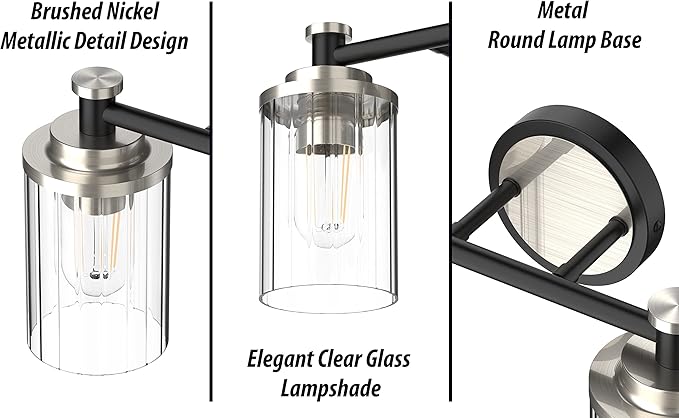 PHIXART Bathroom Lighting Fixtures Black and Brushed Nickel Bathroom Vanity Light with Cylindrical Clear Stripes Glass Lampshade E26 Socket Base Bathroom Lighting Fixtures Over Mirror (3 Lights)