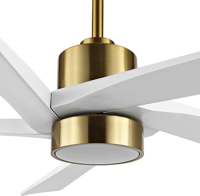 WINGBO 54 Inch DC Ceiling Fan with Lights and Remote Control, 5 Reversible Carved Wood Blades, 6-Speed DC Motor, Modern Ceiling Fan in Brass Finish with White Blades, ETL Listed