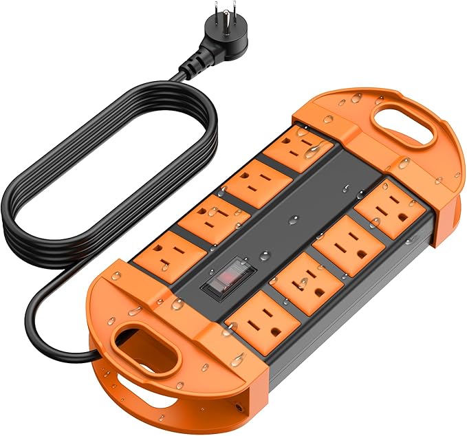 CCCEI Outdoor Power Strip Weatherproof with 8 Plug, Waterproof Extension Cord with Multiple Outlets, Christmas Exterior Garden Yard Surge Protector 25FT, Orange.