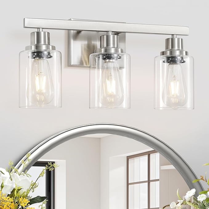 DIKAIDA 3-Light Bathroom Light Fixtures, Nickel Bathroom Vanity Light with Clear Glass Shade, Modern Bathroom Wall Lights Over Mirror, Farmhouse Wall Sconces Lighting for Bedroom Living Room