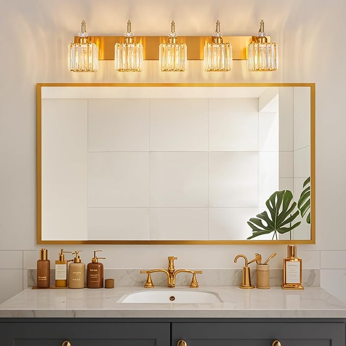 BBLLWJ 5-Light Crystal Vanity Lights - Gold, Modern Over-Mirror Bathroom Light Fixtures