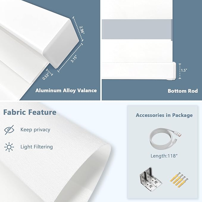COOLWINDS Motorized Zebra Blinds for Windows Cordless Electric Curtains with Remote Control Blackout Shades Custom Smart Blinds Compatible with Alexa Google Home(Light Filtering White,W48 X 72in)