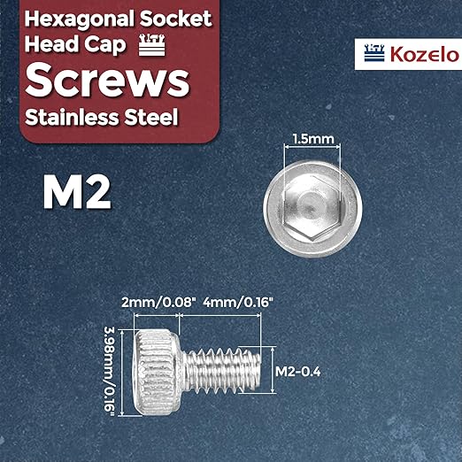 Kozelo 100pcs Socket Head Cap Screws - [M2-0.4 x 4mm] 304 Stainless Steel Allen Socket Drive for Electrical Motor 3D Printing Fan Engine Replacement Use, Silver