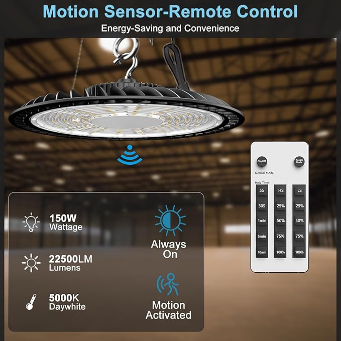 Lightdot 150W Smart LED High Bay Shop Light 5000K 22500LM (Eqv. to 600W HPS/MH) ETL Listed LED High Bay Light, 5000K AC100-277V Commercial UFO Lights with US Plug -8Pack 5Yrs Warranty