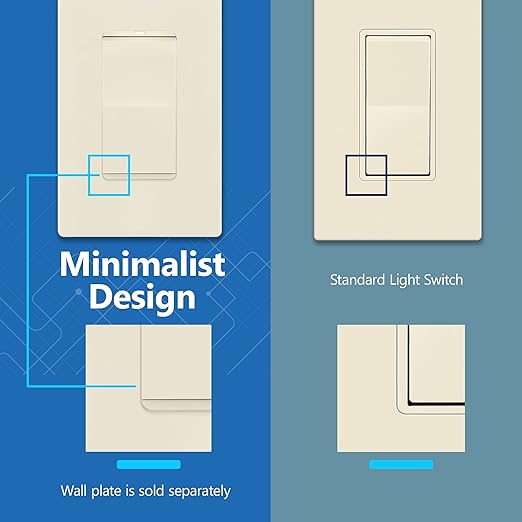 LIDER Minimalist Design Matte Finish Lighted Decorator Switch, Frameless Paddle Light Switch with Locator Light, Grounding Screw, 15A 125V, UL Listed, LS15-1P-LA5P, Light Almond, 5 Pack