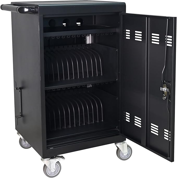 Aokleo Laptop Charging Cart,32 Devices Tablet Storage Carts for Pad Up to 16.3" Screen Size, Classroom Computer Mobile Charging Station for Pads,Chromebooks,Laptops,Security Storage (30+2 Bay-Black)
