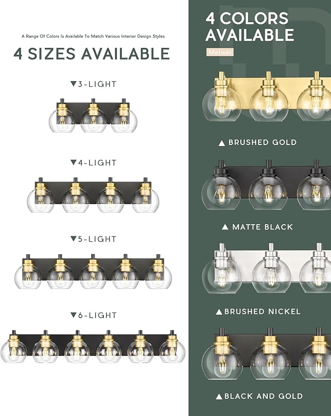 METWET Bathroom Light Fixtures, 6-Light Black and Gold Bathroom Vanity Light, 38 Inch Modern Wall Sconces with Globe Clear Glass Shade, Vanity Lighting Fixtures Over Mirror, VL195-KG-6