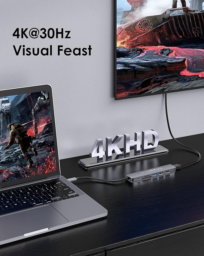 LENTION USB C Hub with 100W Charging, 4K HDMI, Dual Card Reader, USB 3.0 & 2.0 Compatible MacBook Pro, New Mac Air/Surface, Chromebook, More, Stable Driver Adapter (CB-CE18, Space Gray)