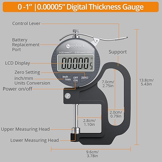 Neoteck Digital Thickness Gauge 1inch/25.4mm,0.00005inch/0.001mm LCD Display with Inch/MM Conversion One-Hand Quick Press Thickness Measuring Tool for Leather Paper Fabric Film etc.-Silver-Grey
