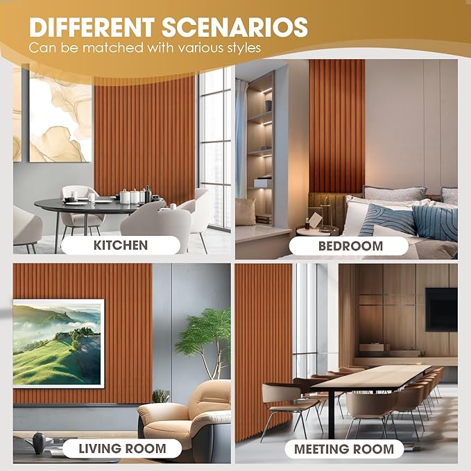 OUZUGIE WPC Acoustic Slat Wall Paneling, 8-Pack 96 x 6 Inches 3D Wall Panels for Interior Wall Decor,Living Room,TV Background,Study Room,Office Spaces,Bedroom,High Grille (Teak)