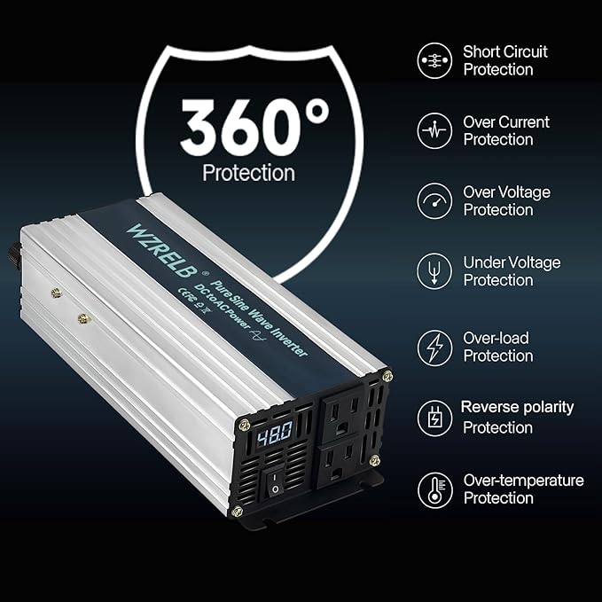 WZRELB 1000W Pure Sine Wave Inverter 48V DC to 110V 120V AC Power Converter with LED Display, Off-Grid Portable Power Inverter with 2 AC Outlets for Home, RV, Truck, Camping