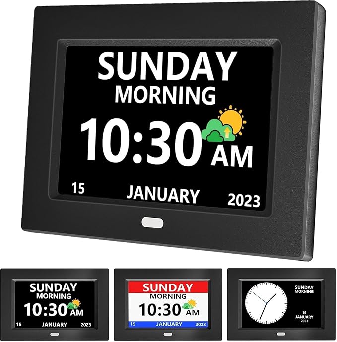 MRCHYDZ 7 Inch Clock with Day and Date for Elderly Large Display Digital Clocks 12 Alarms 3 Display Modes Large Font Alzheimer's Clock Alarm Clocks for Seniors Auto DST Black