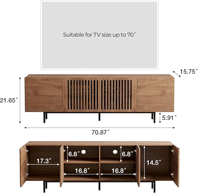 gaoyangjiaju 70.87" Mid Century Modern TV Stand, Walnut Media Console for 70 Inch TVs, Entertainment Cabinet with 4 Storage Compartments for Living Room or Bedroom