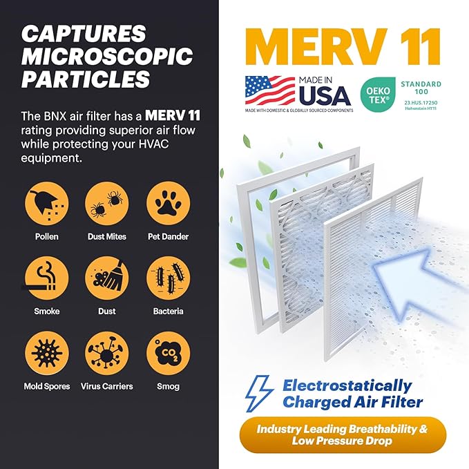BNX TruFilter 14x18x1 Air Filter MERV 11 (6-Pack) - MADE IN USA - Allergen Defense Electrostatic Pleated Air Conditioner HVAC AC Furnace Filters for Allergies, Dust, Pet, Smoke, Allergy MPR 1200 FPR 7