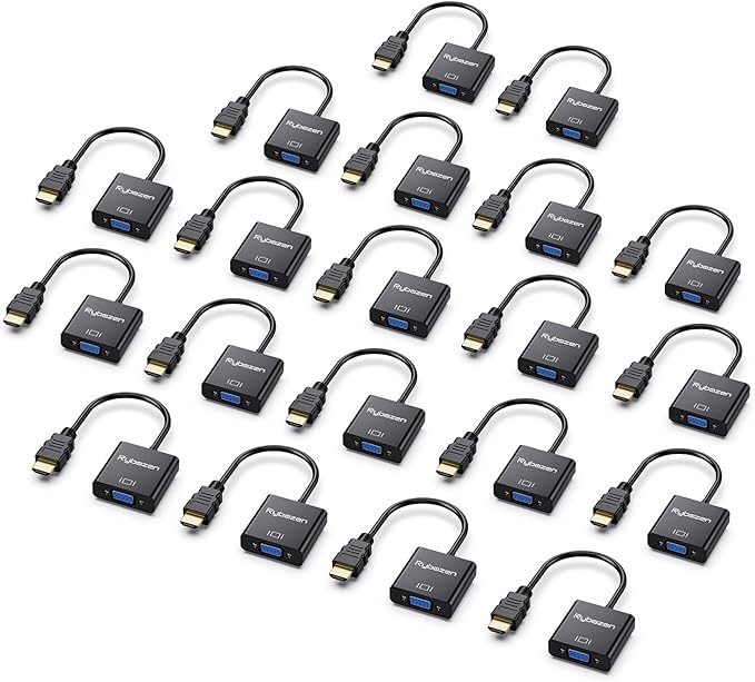 HDMI to VGA Adapter 20 Pack, Gold-Plated HDMI to VGA Converter (Male to Female), Compatible for Computer, Laptop, PC, Monitor, Projector, HDTV, Chromebook, Raspberry Pi, Roku, Xbox and More