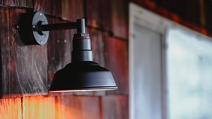 Steel Lighting Co. Hawthorne Barn Light | Outdoor Wall Mounted | 8 inch Dome | 16 inch Gooseneck| Small Farmhouse Light Made in America | Dark Bronze Exterior/White Interior