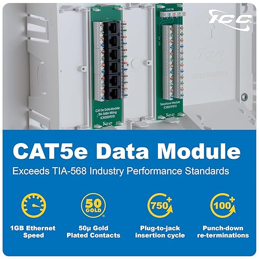 ICC 8” Plastic Structured Wiring Enclosure with Cover, Media Enclosure with CAT5e 6-Port PoE++ and 1x6 Bridged Telephone Modules, Cable Management Box, UL Listed, ICRDSMMAW8