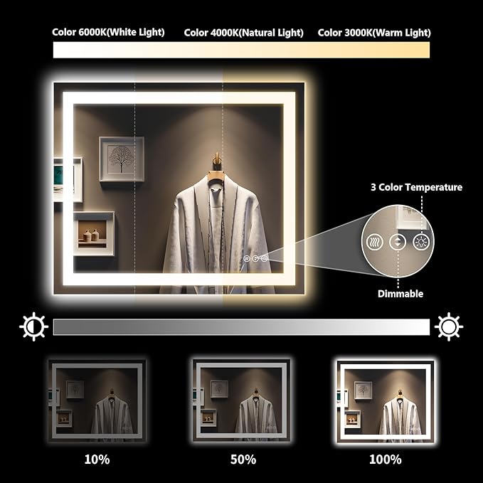 YEELAIT 36x30 Inch LED Bathroom Mirror with Lights Front and Backlit Lighted Vanity Mirror for Bathroom Wall with 3 Colors Dimmable Anti-Fog Memory Shatter-Proof IP54 Waterproof Horizontal/Vertical