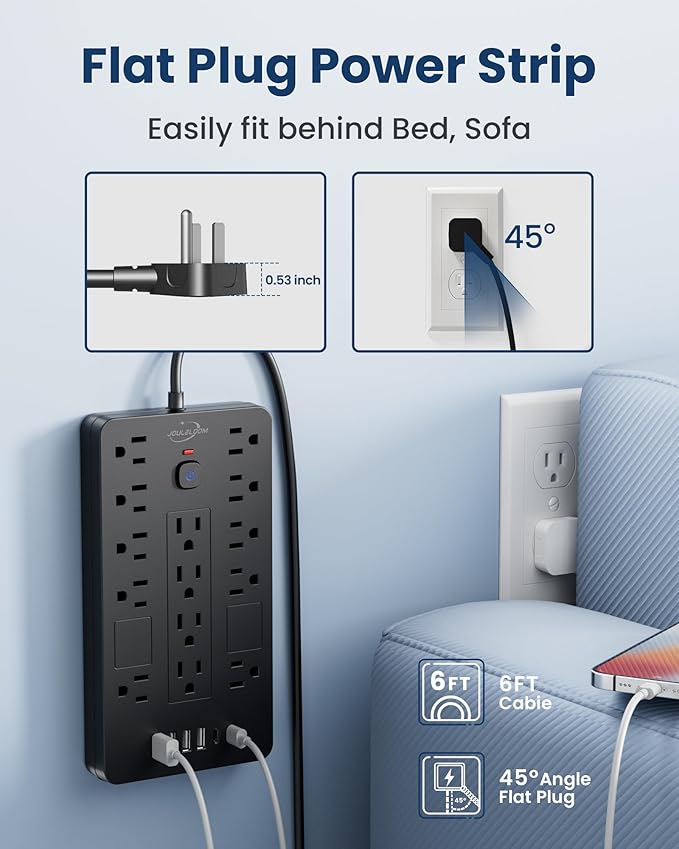 JouleLoom Surge Protector Power Strip-14 Outlets and 6 USB Ports, 6 Feet Flat Plug Extension Cord, 1850 Joules, Black, ETL Listed for Home, Office, Dorm Room