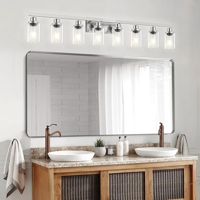 DIKAIDA 52inch Brushed Nickel Vanity Light Fixtures, 8 Light Brushed Nickel Bathroom Vanity Lights Over Mirror, Matte Nickel Modern Bathroom Wall Lighting for Mirror Bedroom,Living Room