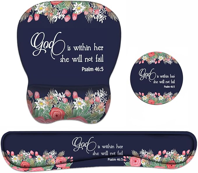 Ergonomic Mouse Pad Wrist Support and Keyboard Wrist Rest Set with Coasters, Non-Slip PU Base, Easy Typing & Pain Relief, Perfect for Home Office Working Studying, Floral Quote Bible Verse Psalm 46:5